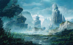 Landscape painting of fantasy background perfect for fantasy, space, historical.