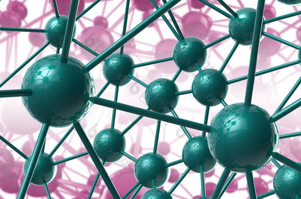 绿色和紫色分子几何混沌的抽象结构。科技网络连接高科技背景3d 渲染插图