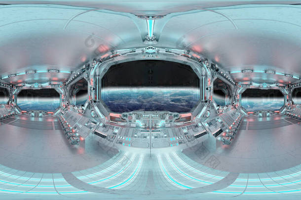 HDRI全景白色蓝色宇宙飞船<strong>内部</strong>的窗户。未来航天器机房三维绘制高分辨率360度全景反射绘图