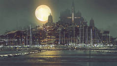 月光下的港口城市风光