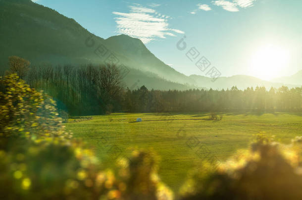 奥地利，一个阳光明媚的蓝天背景下，美丽的乡村风景，绿地繁茂，草木朦胧.