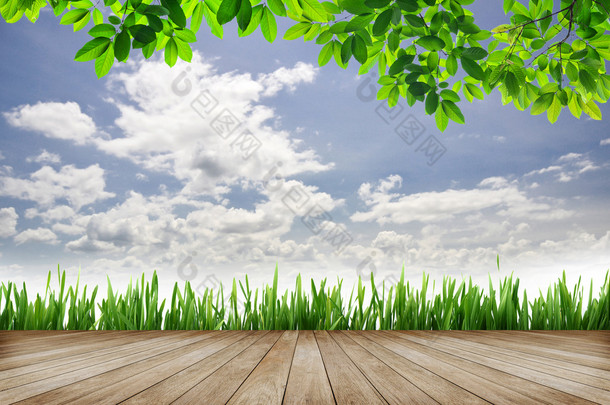 木制平台和绿草与蓝天背景