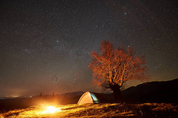 梦幻般的夜露营网站视图。明亮的篝火在美丽的星空下在旅游照明帐篷附近燃烧。大树和远处山脉的背景。旅游业和旅游概念.