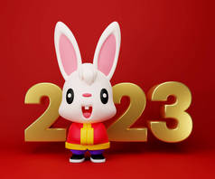元旦2023年的主题。3D渲染兔子卡通人物问候与2023标志的红色背景。兔子年