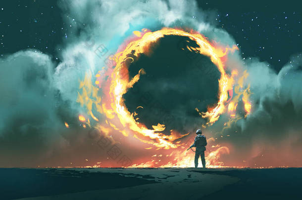 士兵站在那里，看着漂浮在空中的巨大的圆形防火门，数字艺术风格，插图绘画