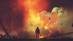 勇敢的消防队员斧头站在可怕的爆炸前, 数码艺术风格, 插画绘画