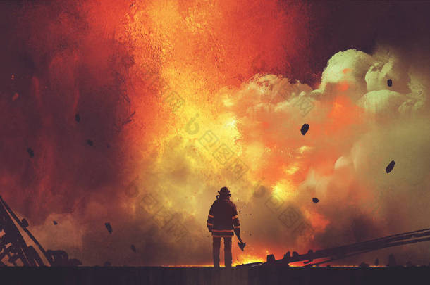 勇敢的<strong>消防</strong>队员斧头站在可怕的爆炸前, 数码艺术风格, <strong>插画</strong>绘画