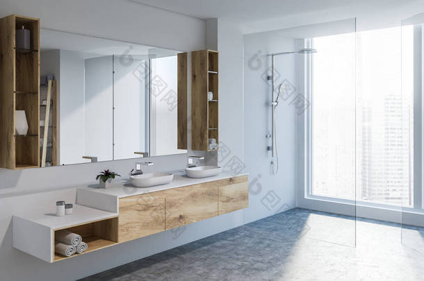 现代<strong>浴室</strong>角落, 白色墙壁, 混凝土地板, 双水槽站立在木台面和大镜子。玻璃<strong>门淋浴</strong>。3d 渲染