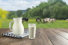 新鲜牛奶放在深色木制桌面的玻璃杯里，草地上的奶牛模糊了风景。健康饮食。乡村风格。设计空间.