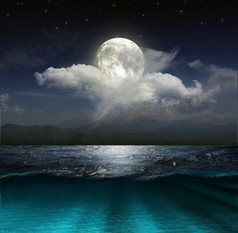 梦幻景色-月亮、 湖泊和钓鱼船