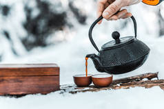 在冬天的森林里, 男性旅行者在水壶里倒茶的裁剪视图