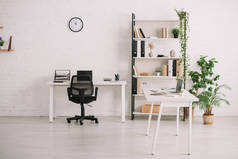 宽敞的办公室，有书桌，架有书架，花盆植物和白墙上的时钟