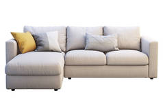 现代米色面料沙发与彩色枕头。3d 渲染