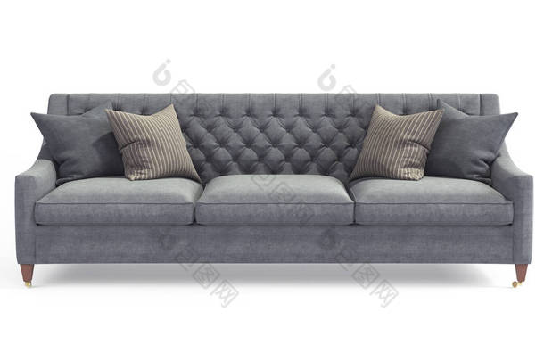 现代斯堪的纳维亚经典灰色床铺，双腿与枕头隔离白色背景。家具、室内物品、时尚坐式