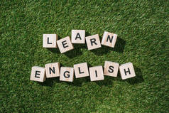 学习英语的最高视角绿色草地上的木块制作题词