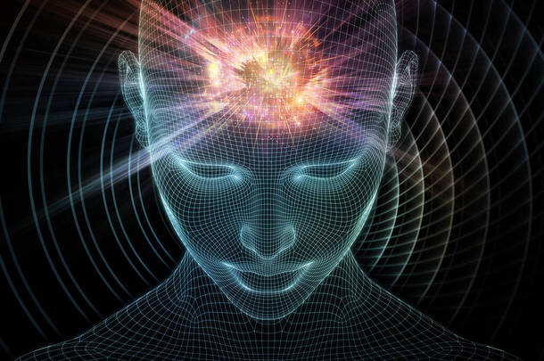 漫漫的梦。清醒的头脑系列。基于人工智能、人类意识和精神人工智能的发光金属丝网人脸三维渲染艺术抽象