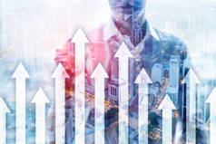 在摩天大楼的背景上画箭头图.投资和金融增长概念.