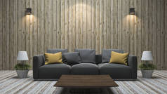 3d 渲染老式木墙客厅与多彩沙发