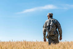 身着军装的士兵背着背包站在田里，用金色的小麦