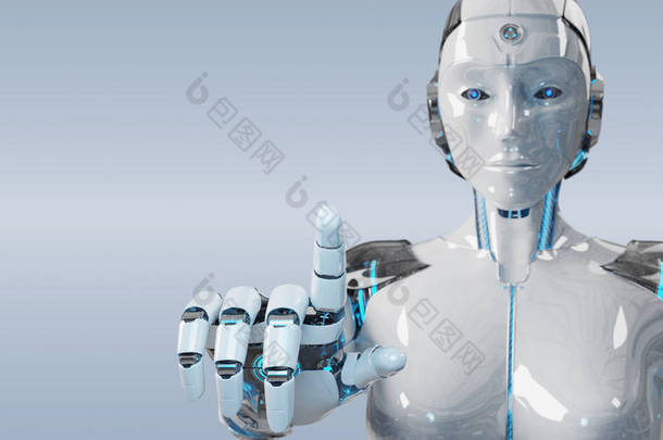 白色女子机器人指着她的<strong>手</strong>指被孤立在灰色背景3d 渲染