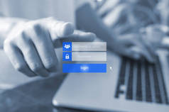 手指的女人使用触摸屏上的登录界面。触摸登录框, 虚拟数字显示屏上的用户名和密码输入, 蓝色色调.