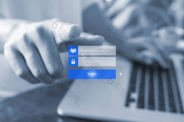 手指的女人使用触摸屏上的<strong>登录界面</strong>。触摸登录框, 虚拟数字显示屏上的用户名和密码输入, 蓝色色调.
