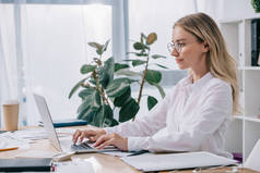 女商人在眼镜工作在工作场所的笔记本电脑在办公室的侧视图