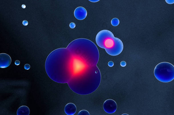 蓝色球体和分子<strong>模型</strong>，随机分布，3D渲染.