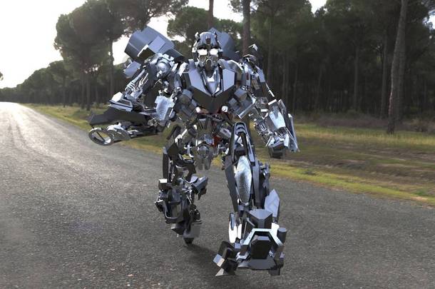 科幻的麦奇<strong>士兵</strong>站在风景背景上。军事未来机器人与绿色和灰色金属。由飞行员控制的梅奇划伤的金属盔甲机器人。梅奇之战3d 渲染