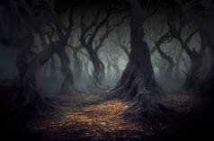 夜晚可怕的森林,扭曲的树木轮廓,光秃秃的枝条.3D数字图像