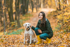 在秋季森林中坐在绿叶小径上的女孩调整狗项圈的选择性焦点