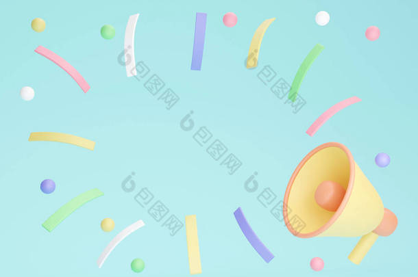 3D rendering of blank space for text with megaphone confetti on background. 3D Render. 3D illustrati