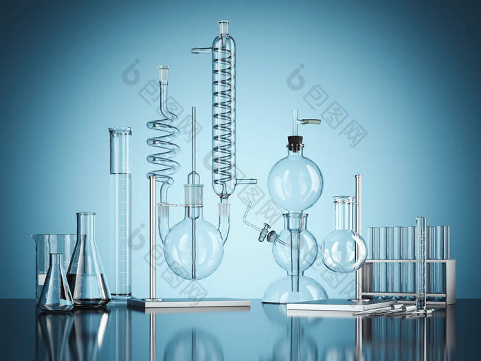 蓝色背景的玻璃化学实验室设备。3d 渲染