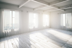 空白的明亮阁楼内政部与 windows 和阳光