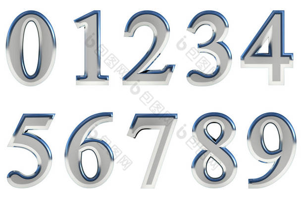 一套 3d 呈现数<strong>字</strong>，0-9。<strong>银色</strong>光泽颜色使其易于使用的白色背景上.