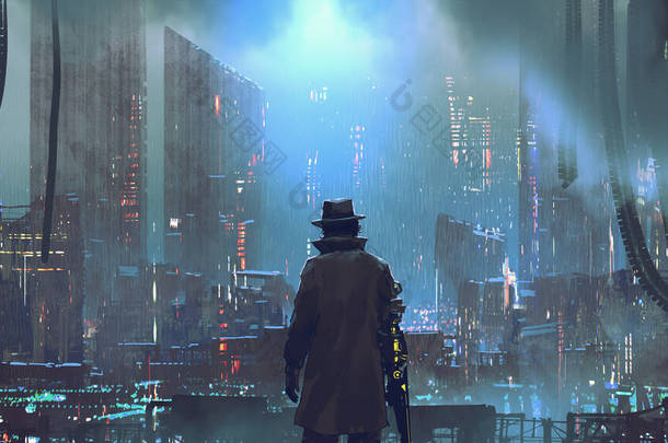 那个机械臂的男人看着<strong>雨夜</strong>的超大都市，数字艺术风格，插图绘画