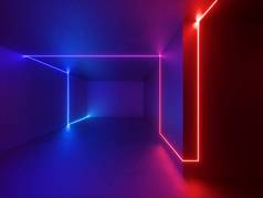 3d 渲染, 红色蓝色霓虹灯室内, 虚拟现实, 发光线, 房间, 抽象的迷幻背景, 鲜艳的颜色