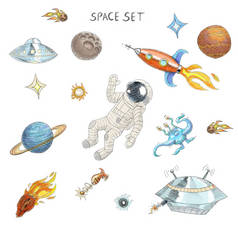 绘图的多彩空间物体︰ 宇航员、 外星人、 飞碟、 宇宙飞船、 彗星、 行星和恒星.