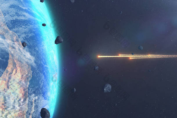 小行星、流星和岩石的3D渲染撞击<strong>地球</strong>大气层