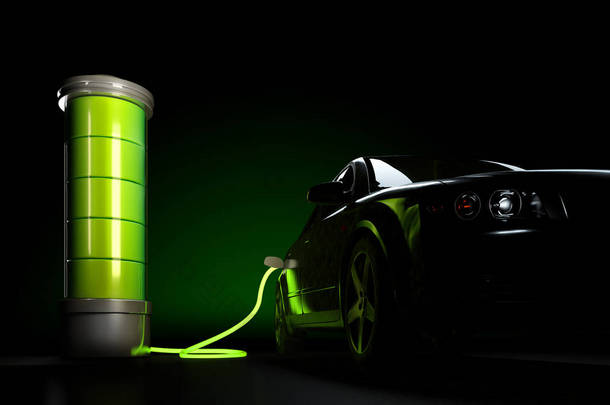 电动汽车的 3d 图连接到大的电池。充电电动汽车概念