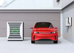 车库中电动汽车充电的前视图。充电站由重复使用的 Ev 电池供电。3d 渲染图像.