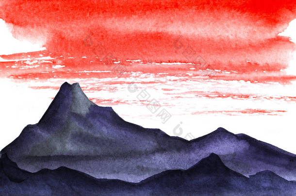 简约的景观。高山的黑暗剪影。明亮的红色天空与厚重的地层云。白色背景上的手绘水彩插图.