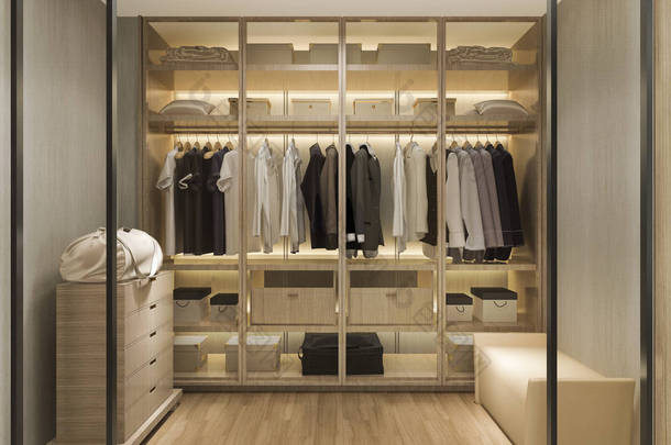3d 渲染豪华斯堪的纳维亚木材走在衣柜的衣柜