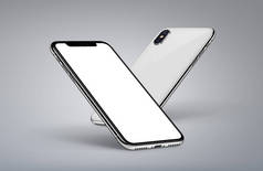 透视智能手机类似于 iphone X 模型背面和正面，在光线背景上带有白色屏幕