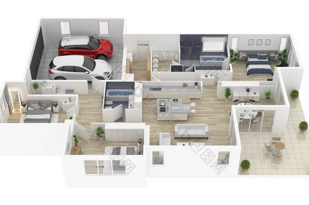 房子的平面图顶部视图3d 插图。开放式概念住宅布局