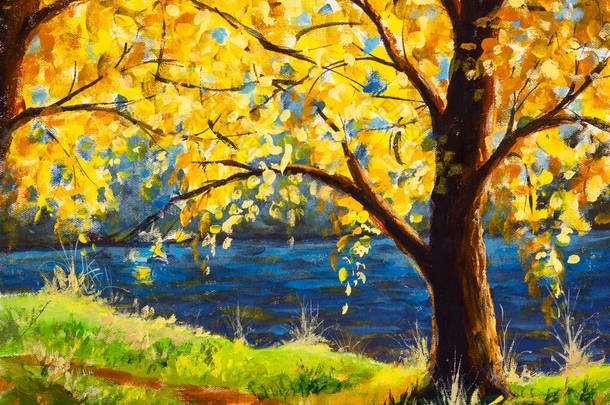 独创的油画树,在河边阳光下,帆布上美丽的阳光.太阳光穿过树枝现代印象派艺术品