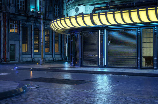 在未来的网络朋克城市里，一个破旧的城市街道在夜晚的3D图像.