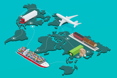 全球物流网络 平面 3d 等轴测图图标一套航空货运运输铁路运输海运准时交付车辆设计运载大量货物