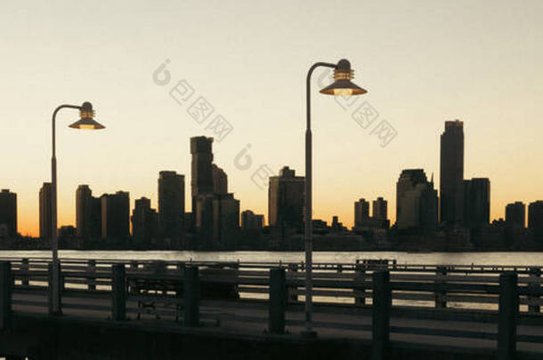 Lanterns on bridge and Hudson river in New York City, banner