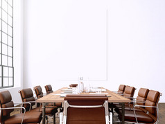 照片内部现代会议室，带全景窗户。墙上的空白白色画布和当代会议罗马的通用设计扶手椅。水平模型。3d 渲染